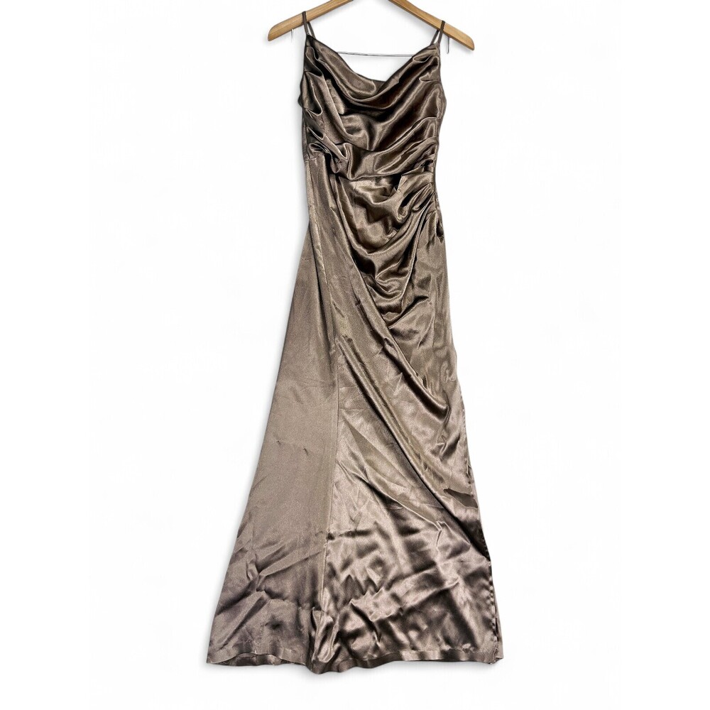 Birdy Grey Satin Cowl Neck Prom Dress XS Bronze Brown
